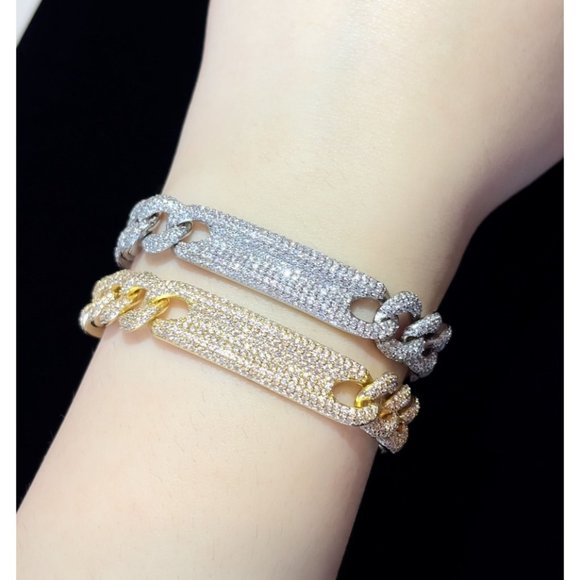 Gold Plated 12mm Pave Diamond CZ Cuban Link ID Bracelet, Cuban Link Bar Bracelet - Picture 7 of 8